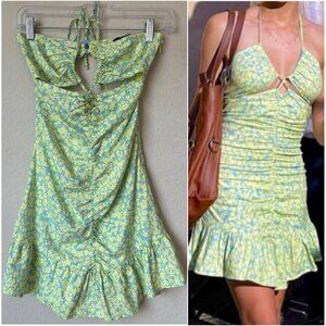 Zara Linen Blend Ditsy Floral Print Ruched Mini Dress